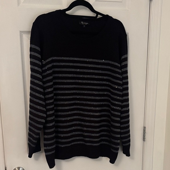 Lily Morgan Black and Gray Striped sequins Women's Sweater size 1X - Picture 2 of 9